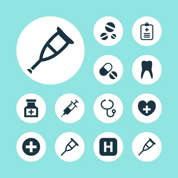 Antibiotikum ikoner Set. Samling av Plus, analyserar, injektion och andra element. Innehåller också symboler såsom läkemedel, krycka, analyserar. — Stock vektor