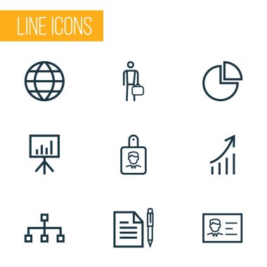 İş anahat simgelerini belirlemek. Küresel topluluğu, kimlik kartı, daire grafik ve diğer öğeleri. Ayrıca tanıtım, belge, daire gibi simgeler içerir.