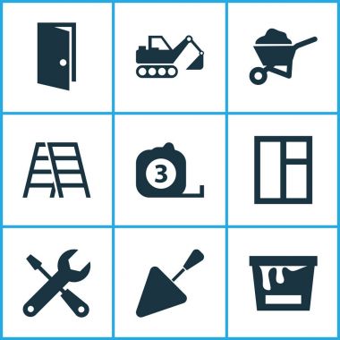 Mimari Icons Set. Digger, boya kovası, toplama sepeti ve diğer öğeleri taşımak. Ayrıca kural, bir merdiven, tırmanma gibi simgeler içerir.