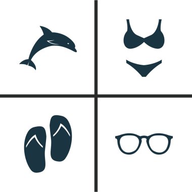Güneş Icons Set. Memeli, Bikini, forseps ve diğer öğeleri koleksiyonu. Ayrıca balık, gözlük, güneş gözlüğü gibi simgeler içerir.