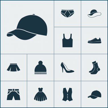 Giysi simgeler kümesi. Topuk ayakkabı, fötr şapka, Sarafan ve diğer öğeleri koleksiyonu. Ayrıca Tank, Singlet, iç çamaşırı gibi simgeler içerir.