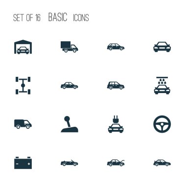 Otomobil Icons Set. Aktarım Temizleme, disk denetimi, otomotiv ve diğer öğeleri koleksiyonu. Ayrıca Dingil mesafesi, şasi, dişli gibi simgeler içerir.