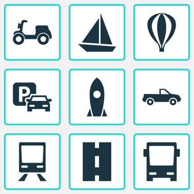Ulaşım Icons Set. Yat, Skooter, Cabriolet ve diğer öğeleri koleksiyonu. Aynı zamanda yelken, uçuş, Otoban gibi simgeler içerir.
