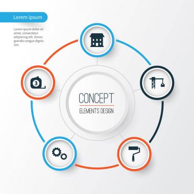 İnşaat Icons Set. Kanca, ölçü aracı, rulo ve diğer öğeleri kaldırma koleksiyonu. Ayrıca ev, dişli, yapı gibi simgeler içerir.