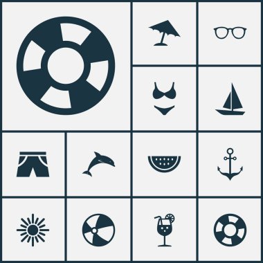 Sıcak Icons Set. Boncuk, Bikini, şemsiye ve diğer öğeleri koleksiyonu. Ayrıca gözlük, Lifebuoy, iç çamaşırı gibi simgeler içerir.