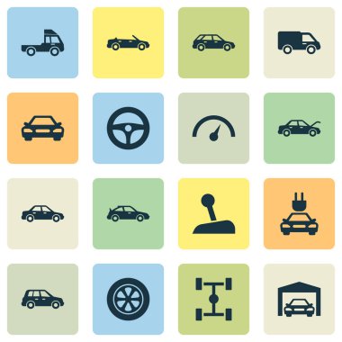 Araba Icons Set. Dingil mesafesi, kamyon, sopa ve diğer öğeleri koleksiyonu. Ayrıca otomatik, Crossover, vagon gibi simgeler içerir.