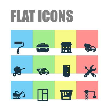 Mimari Icons Set. Boya silindiri, kazıcı, boya kovası ve diğer öğeleri koleksiyonu. Ayrıca ekipman, duvar, araç kutusu gibi simgeler içerir.