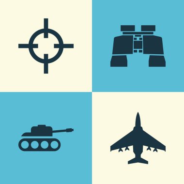 Ordu Icons Set. Cam, uçak, Panzer ve diğer öğeleri koleksiyonu. Ayrıca hedef, Panzer, atış gibi simgeler içerir.