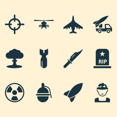Ordu Icons Set. Cutter, tehlikeli, RIP ve diğer öğeleri koleksiyonu. Ayrıca roketler, tehlike, Bio gibi simgeler içerir.