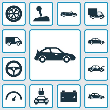 Otomatik Icons Set. Chronometre, tamir, kamyon ve diğer öğeleri koleksiyonu. Ayrıca kamyon, üstü açık, Cabriolet gibi simgeler içerir.