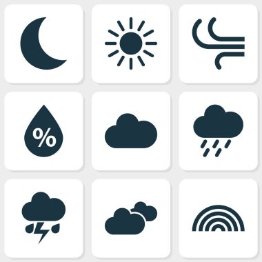 Hava Icons Set. Meltem, ay, güneş ve diğer öğeleri koleksiyonu. Ayrıca sembolleri gibi içerir güneşli, yağmurlu, güneş.
