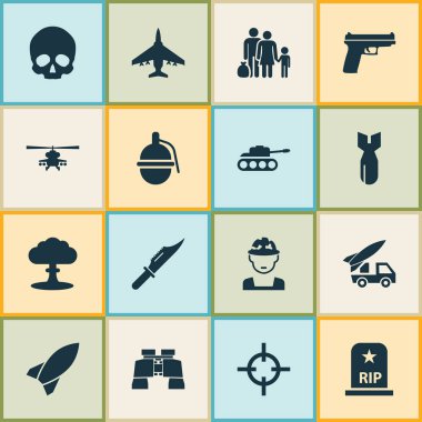 Savaş Icons Set. Askeri, roka, uçak ve diğer öğeleri koleksiyonu. Ayrıca Kafadericisi, hedef, el bombası gibi simgeler içerir.