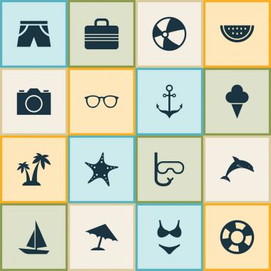 Güneş Icons Set. Lastik bot, gemi, şemsiye ve diğer öğeleri koleksiyonu. Ayrıca bavul, deniz yıldızı, balık gibi simgeler içerir.
