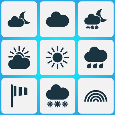 Meteoroloji Icons Set. Koleksiyon renkleri, yağmurlu, güneş ve diğer öğeleri. Ayrıca gökkuşağı, bulutlu, karlı gibi simgeler içerir.