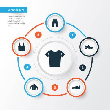 Giysi simgeler kümesi. Hırka, Elegance, Casual ve diğer öğeleri koleksiyonu. Ayrıca, ceket, Ayakkabı, Singlet gibi simgeler içerir.