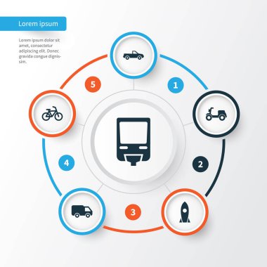 Taşıma simgeler kümesi. Cabriolet, Skooter, Bisiklet ve diğer öğeleri koleksiyonu. Ayrıca Van, uçak, motosiklet gibi simgeler içerir.