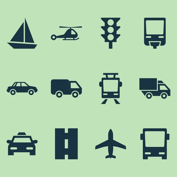 Conjunto de iconos de envío. Colección de tranvía, ferrocarril, yate y otros elementos. También incluye símbolos tales como carretera, aviones, cabina . — Vector de stock