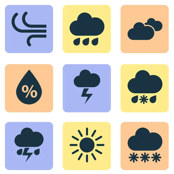 Icone meteorologiche impostate. Raccolta di neve, umidità, tempo e altri elementi. Include anche simboli come odio, pioggia, sole . — Vettoriale Stock