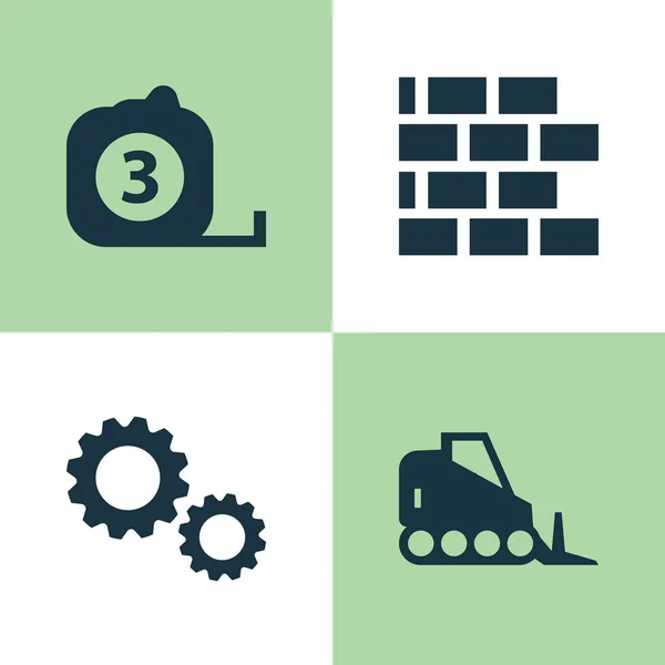 Arkitektur ikoner Set. Samling av mätverktyget, traktor, vägg och andra element. Innehåller också symboler såsom fordon, kugghjul, Bulldozer. — Stock vektor