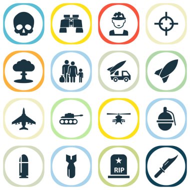 Icons Set mücadele. Füze, hedef, bomba ve diğer öğeleri koleksiyonu. Ayrıca mekanizması, insanlar, mülteci gibi simgeler içerir.