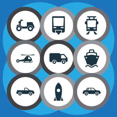 Ulaşım Icons Set. Skooter, Cabriolet, tramvay ve diğer öğeleri koleksiyonu. Ayrıca tramvay, Cabriolet, kamyon gibi simgeler içerir.