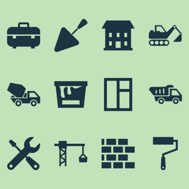 Simgeler binada. Çimento araç, boya kovası, cam çerçeve ve diğer öğeleri koleksiyonu. Ayrıca araç, ev, ekipman gibi simgeler içerir.