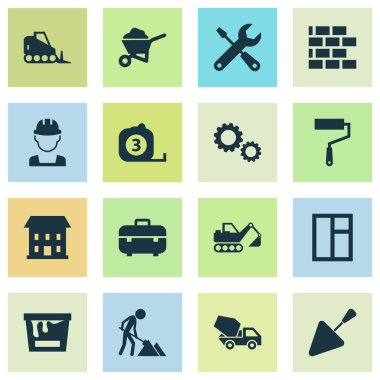 İnşaat Icons Set. Servis, bakım, çimento araç ve diğer öğeleri koleksiyonu. Ayrıca boya, inşaat, Digger gibi simgeler içerir.