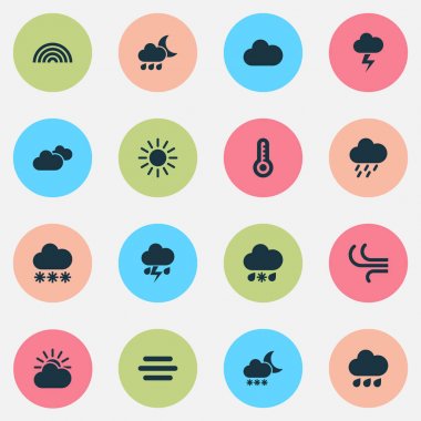 Meteoroloji Icons Set. Pislik, topluluğu ıslak, güneş-bulut ve diğer öğeler. Ayrıca sembolleri gibi içerir yağmur, gökkuşağı, ıslak.