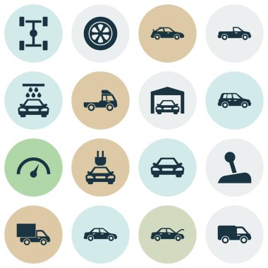 Otomobil Icons Set. Chronometre, Dingil mesafesi, otomotiv ve diğer öğeleri koleksiyonu. Ayrıca spor, garaj, otomobil gibi simgeler içerir.