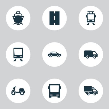 Ulaşım Icons Set. Koleksiyon bir şekilde, otomobil, demiryolu ve diğer öğeleri. Ayrıca kamyon, tramvay, otomobil gibi simgeler içerir.