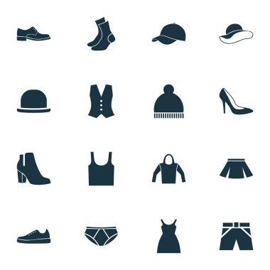 Giysi simgeler kümesi. Yelek, fötr, Singlet ve diğer öğeleri koleksiyonu. Ayrıca Tank, külot, Panama gibi simgeler içerir.