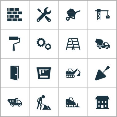 Mimari Icons Set. Dişli, çimento araç, hizmet ve diğer öğeleri koleksiyonu. Ayrıca Spatula, kova, Barrow gibi simgeler içerir.