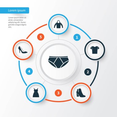 Icons Set elbise. Elbise, külot, topuk ayakkabı ve diğer öğeleri koleksiyonu. Ayrıca Sundress, erkek, gömlek gibi simgeler içerir.