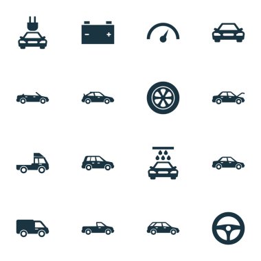 Otomobil Icons Set. Sabitleme, Crossover, taşıma ve diğer öğeleri koleksiyonu. Ayrıca otomatik, Sedan, yıkama gibi simgeler içerir.