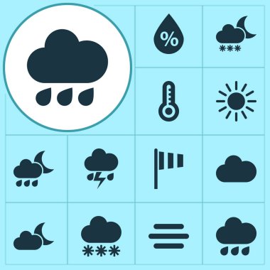 Hava Icons Set. Güneş, yağmurlu, gece topluluğu ve diğer öğeler. Ayrıca ışık gibi simgeler içerir Hilal, sıcak.