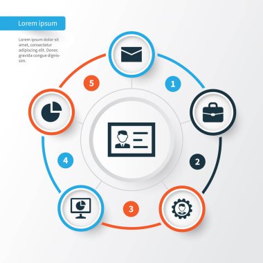 İş Icons Set. Kimlik, istatistik, pasta Bar ve diğer öğeleri koleksiyonu. Ayrıca monitör, grafik, kimlik gibi simgeler içerir.