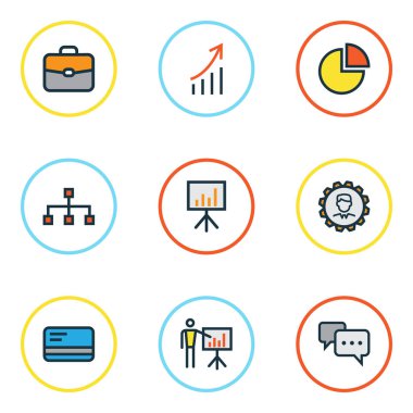 İş renkli anahat simgelerini belirlemek. Daire istatistikleri, rapor gösteri, banka nakit ve diğer öğeleri koleksiyonu. Ayrıca tanıtım, evrak çantası, grafik gibi simgeler içerir.