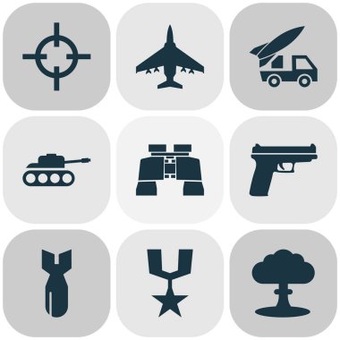 Savaş Icons Set. Cam, Atom, uçak ve diğer öğeleri koleksiyonu. Ayrıca madalya, hedef, roket gibi simgeler içerir.