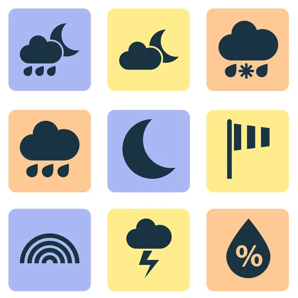 Nature Icons Set. Collection Of Rainy, Moonlight, Wet And Other Elements. Also Includes Symbols Such As Moonlight, Weather, Colors. — Stock Vector