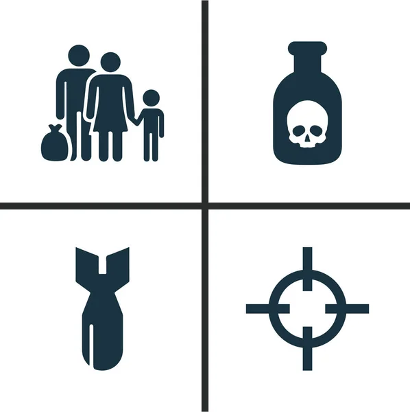 Oorlogvoering Icons Set. Collectie van vluchteling, Rocket, gevaar en andere elementen. Ook symbolen zoals Rocket, vluchteling, Sniper. — Stockvector