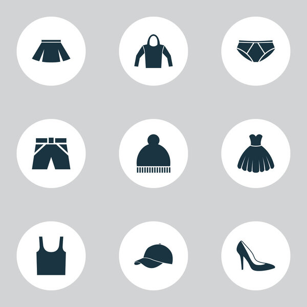 Clothes Icons Set. Collection Of Singlet, Trilby, Sarafan And Other Elements. Also Includes Symbols Such As Footwear, Cap, Woman.