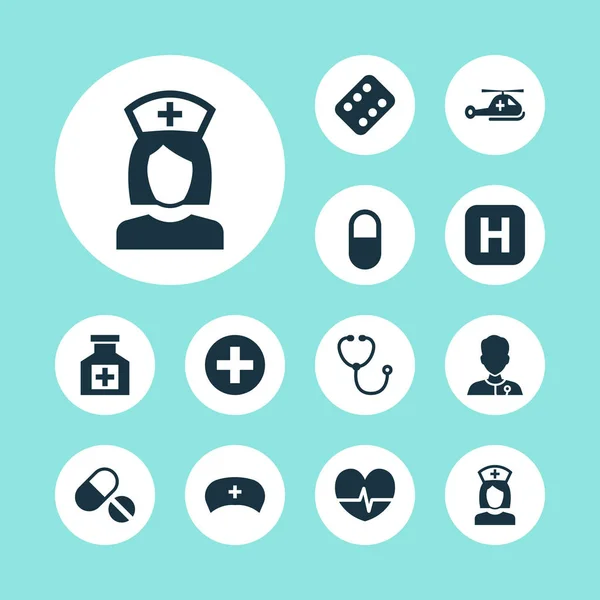 Medicine Icons Set. Collection Of Pellet, Cap, Remedy And Other Elements. Also Includes Symbols Such As Copter, Remedy, Medic. — Stock Vector