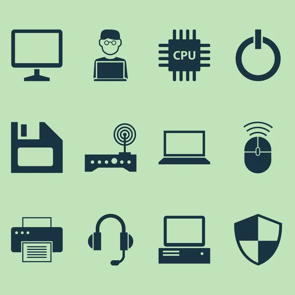 Notebook Icons Set. Coleção de computador Mouse, Laptop, Motherboard e outros elementos. Também inclui símbolos como fone de ouvido, defesa, programador . —  Vetores de Stock