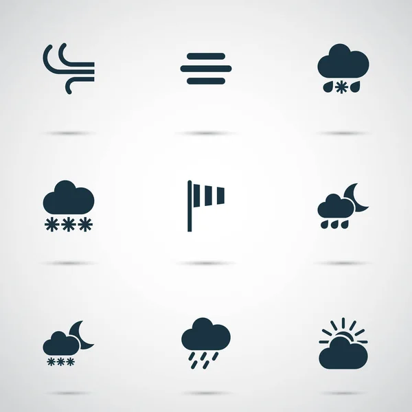 Wettersymbole gesetzt. Sammlung von Dusche, Nacht, Dunst und anderen Elementen. enthält auch Symbole wie Nacht, Dusche, Sonne. — Stockvektor