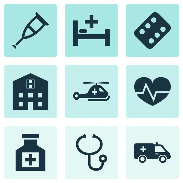 Drug Icons Set. Collection Of Review, Copter, Retreat And Other Elements. Also Includes Symbols Such As Heartbeat, Ambulance, Painkiller. — Stock Vector