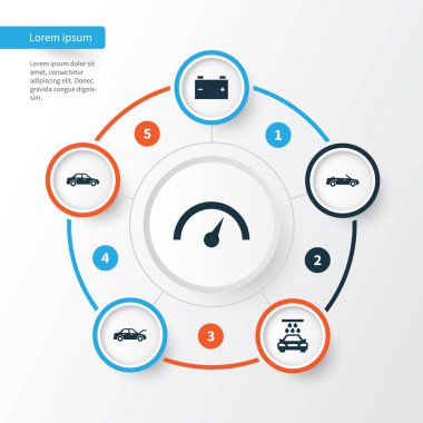 Otomobil Icons Set. Otomobil, akümülatör, sabitleme toplama ve diğer öğeler. Ayrıca hız, Chronometre, üstü açık araba gibi simgeler içerir.