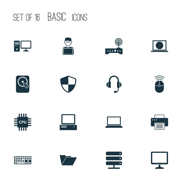 Conjunto de iconos de computadora portátil. Colección de monitor, máquina de impresión, defensa y otros elementos. También incluye símbolos como duro, Internet, máquina . — Vector de stock