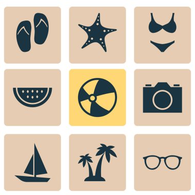 Güneş Icons Set. Yıldız, ağaçlar, gemi ve diğer öğeleri koleksiyonu. Ayrıca yüzme, güneş gözlüğü, kamera gibi simgeler içerir.