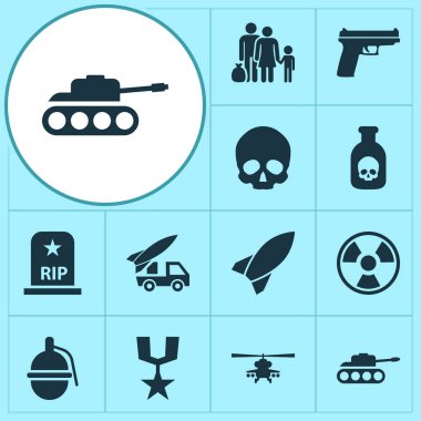 Savaş Icons Set. RIP, tehlike, füze ve diğer öğeleri koleksiyonu. Ayrıca, mezar, nükleer bomba gibi simgeler içerir.