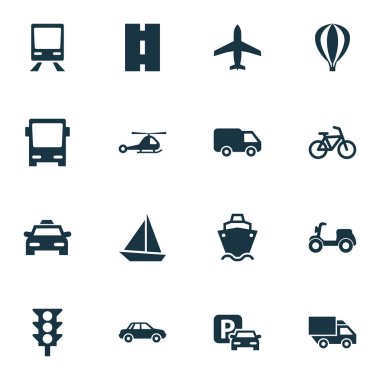 Sevk irsaliyesi Icons Set. Yol işaret topluluğu, yol, demiryolu ve diğer öğeler. De Autobus, yat, Park gibi simgeler içerir.